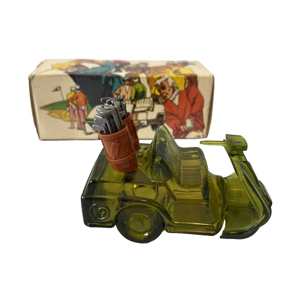 Vtg 1970s Avon The Avon Open Green Glass Golf Cart Decanter Full W/Box